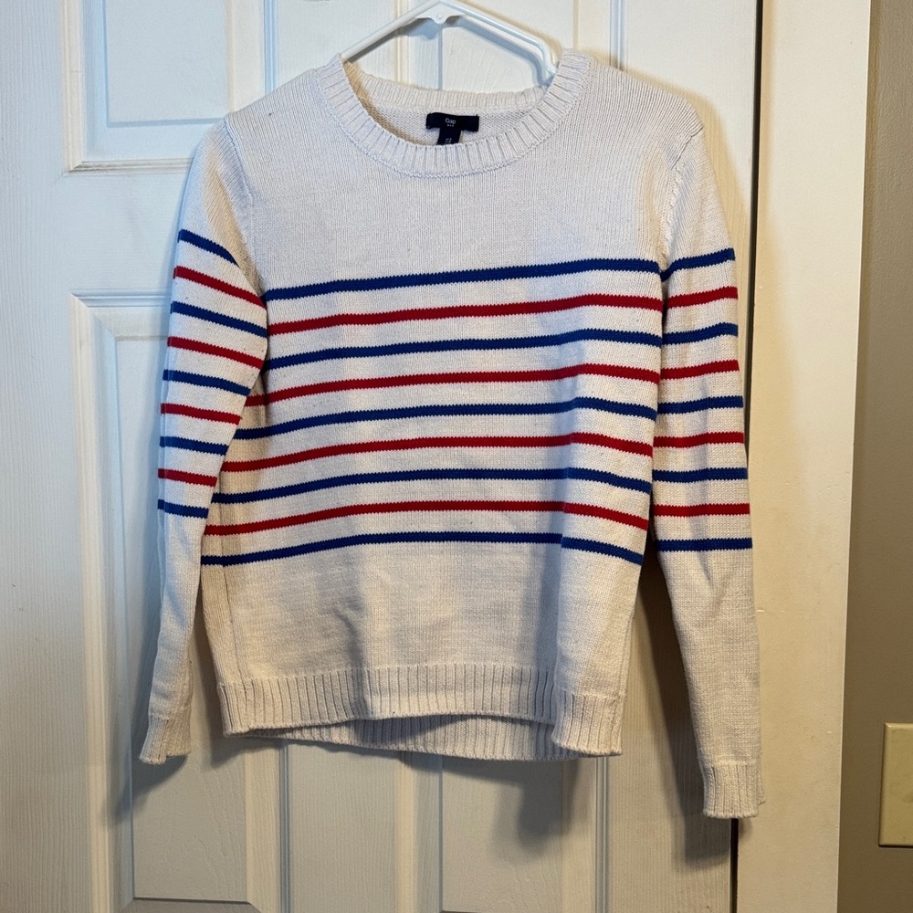 GAP White Sweater with Red and Blue Stripes